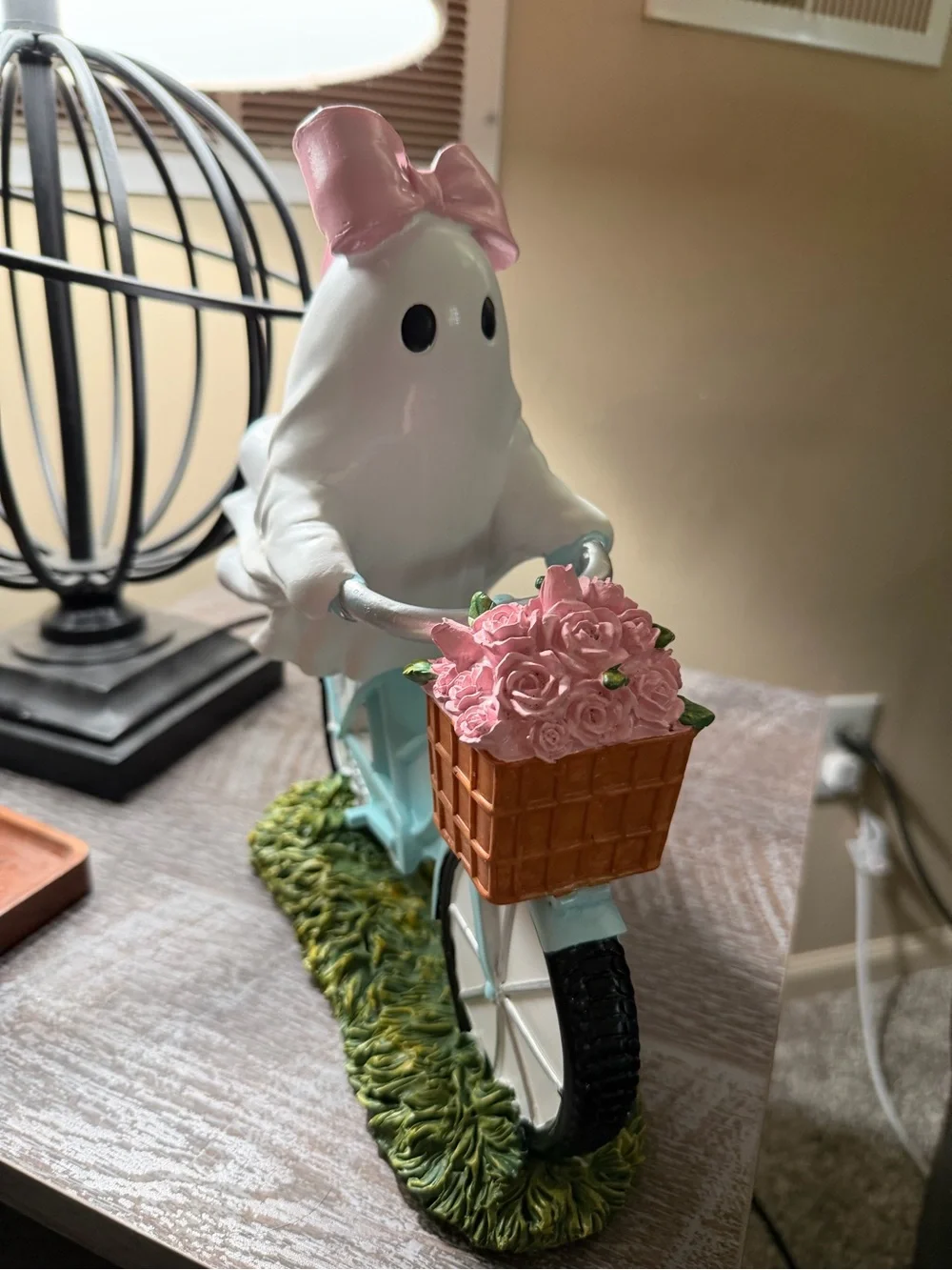 Whimsical Ghost on Bicycle Figurine - Pink & Light Blue Home Party Decor